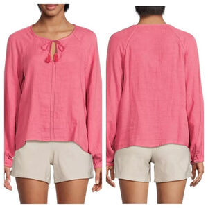 Faherty Celina Puff Sleeve Top Size M Pink Gauzy Peasant Blouse Organic Cotton
